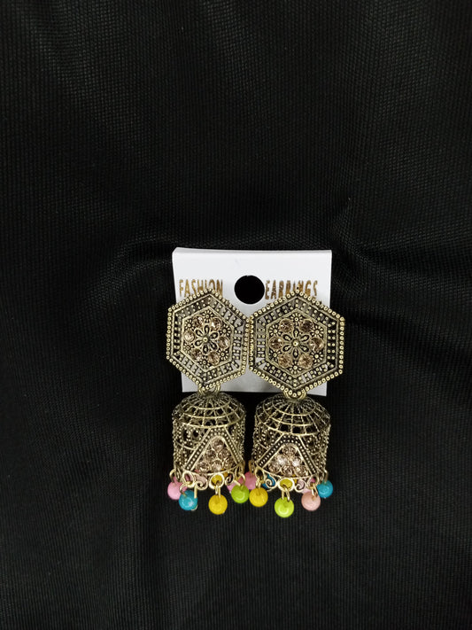 Vintage Oxidized Jhumka Earrings with Colorful Beads