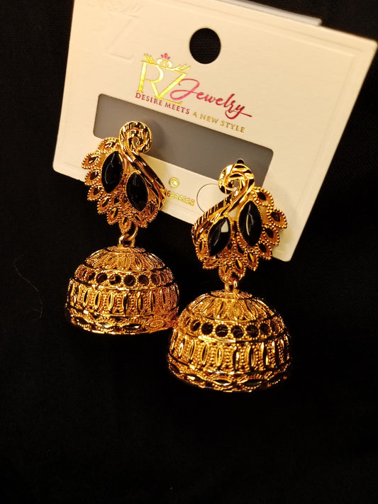Elegant Gold-Plated Jhumka Earrings with Black Stone Embellishments