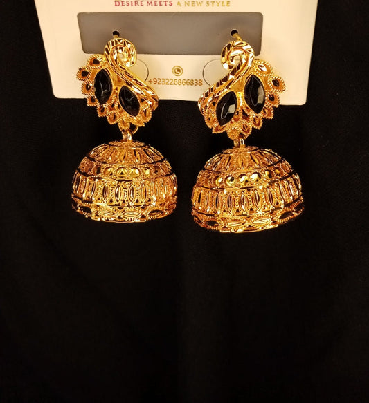 Elegant Gold-Plated Jhumka Earrings with Black Stone Embellishments