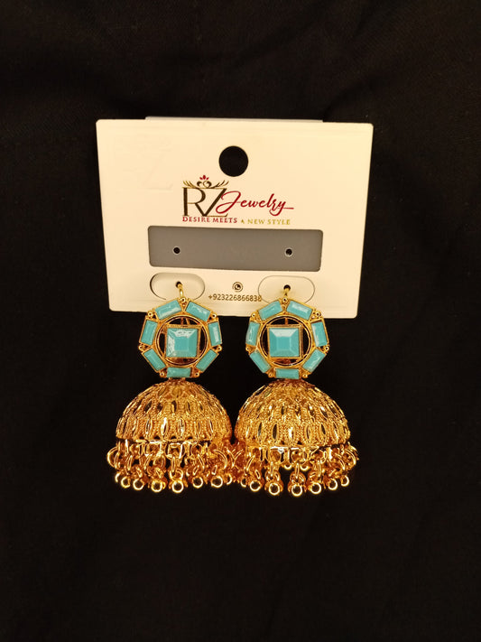 "Turquoise & Gold Jhumka Earrings – Stylish Ethnic Earrings for Weddings & Festive Wear"