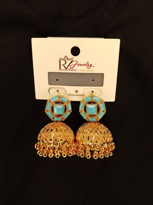 "Turquoise & Gold Jhumka Earrings – Stylish Ethnic Earrings for Weddings & Festive Wear"